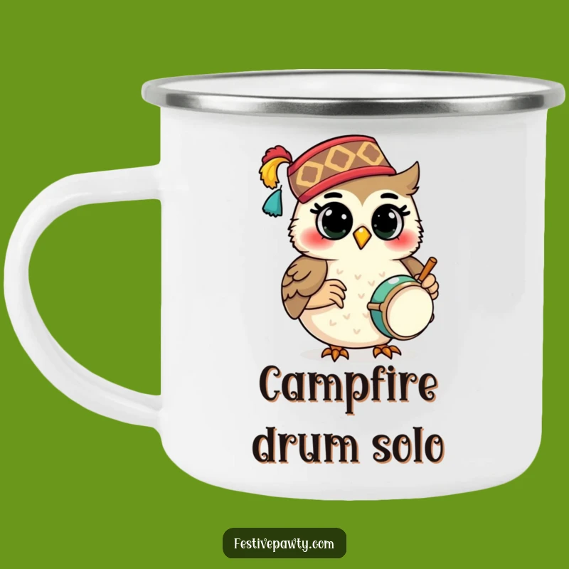 Funny Owl Drummer Camping Mug: Campfire Tunes, Durable Fez Fun, Perfect Outdoor Gift