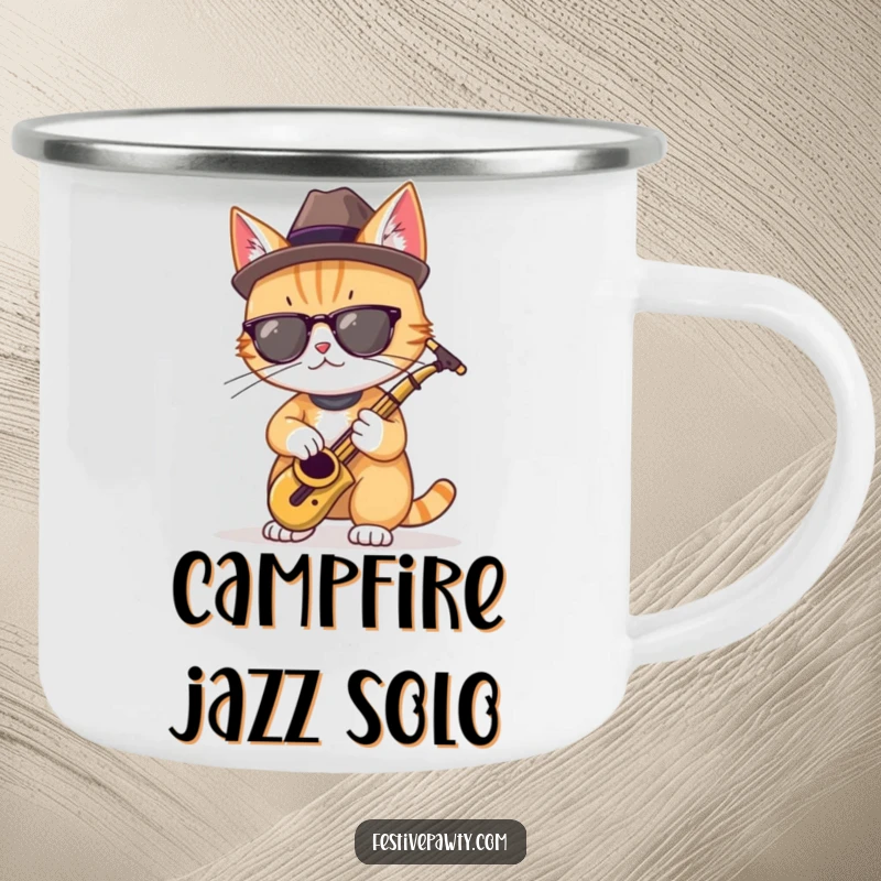 Funny camping mug with a cool cat in a fedora, playing a miniature saxophone, ideal for outdoor music lovers.