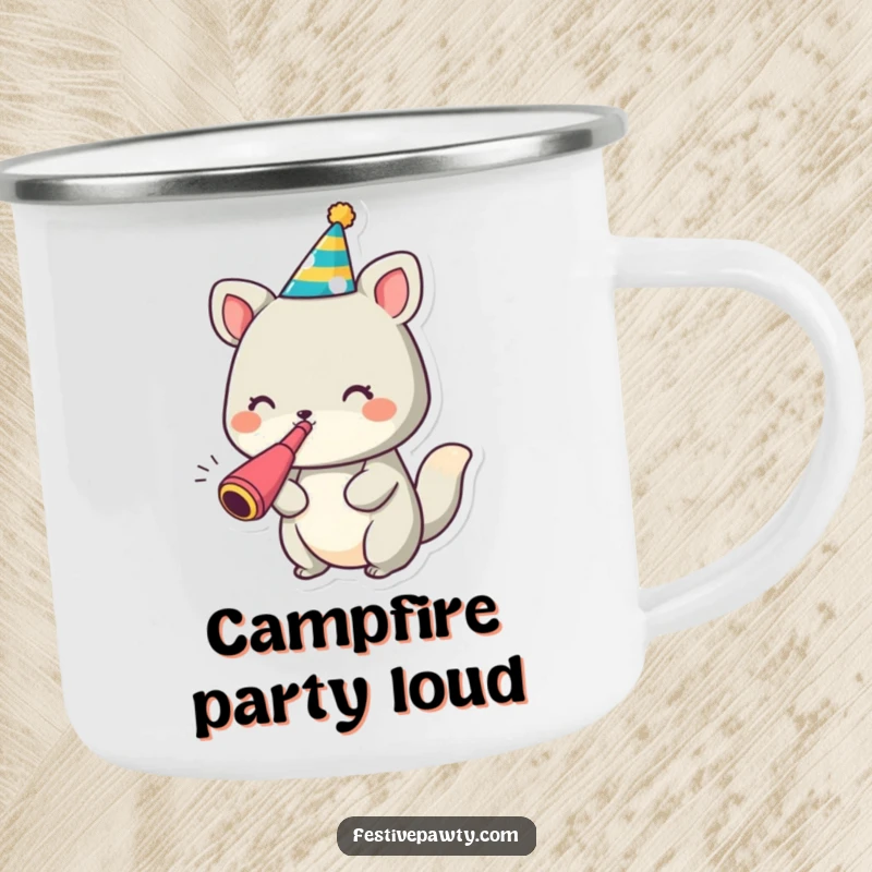 Funny animal character camping mug with a party hat and noisemaker, ready for outdoor festivities.