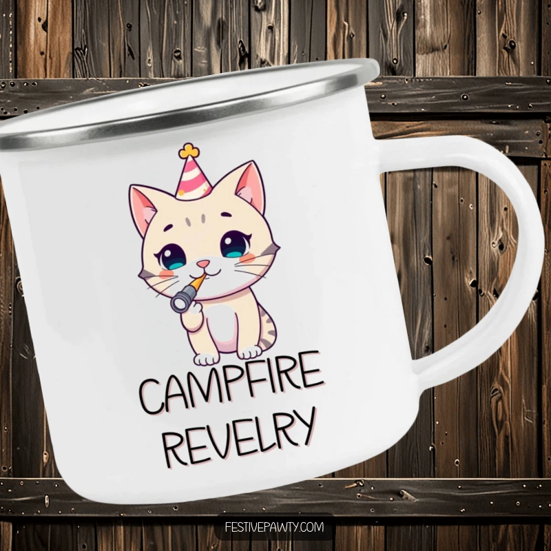 Funny Cat Camp Mug: A sturdy enamel mug featuring a happy cat in a party hat blowing a noisemaker, perfect for outdoor celebrations.