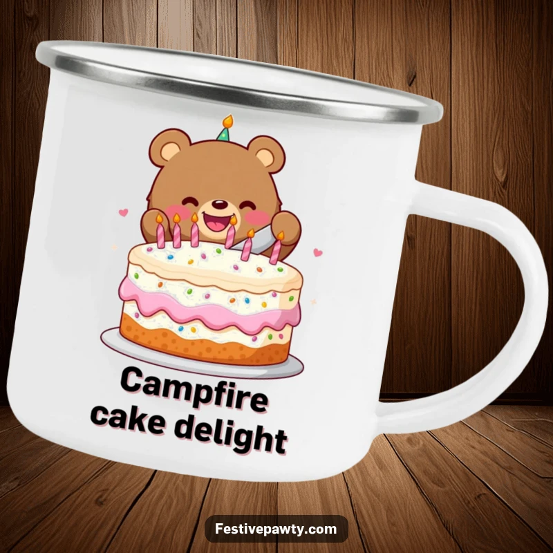 Funny camping mug with a beaming bear character slicing a festive birthday cake, ideal for outdoor celebrations.