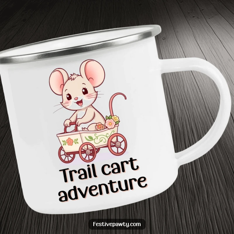 Funny Mouse Camping Mug with a delighted mouse riding in a tiny, decorated cart, bringing joy and whimsy to outdoor adventures.
