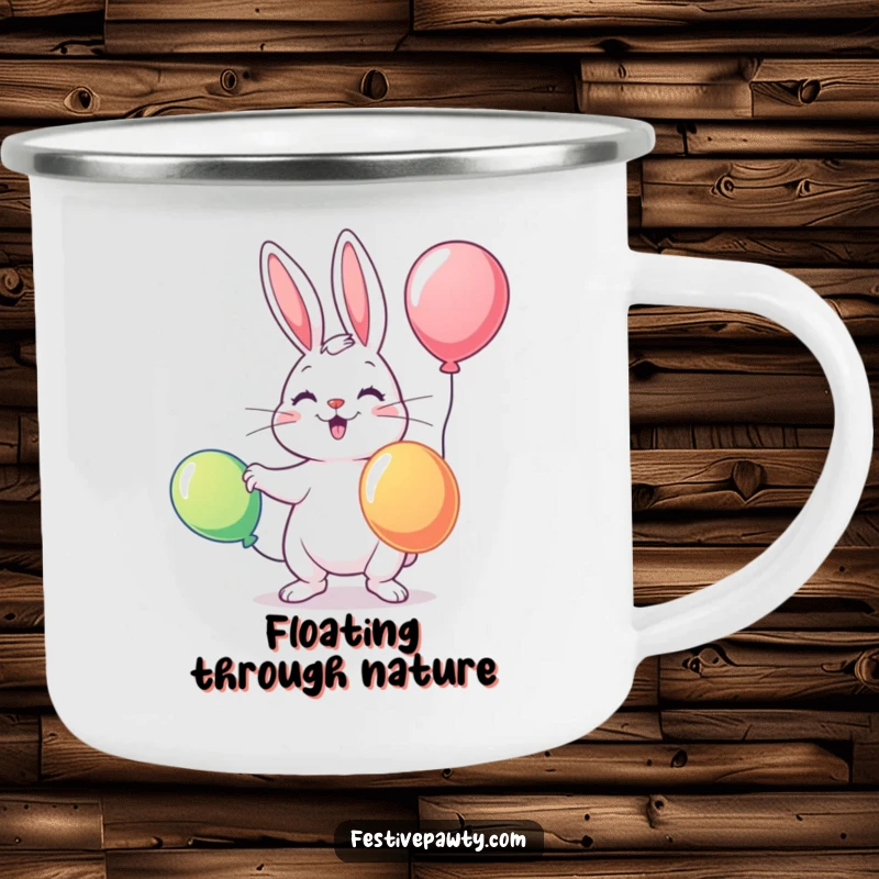 Funny camping mug featuring a playful rabbit juggling colorful balloons, ideal for outdoor enthusiasts seeking a touch of whimsy.