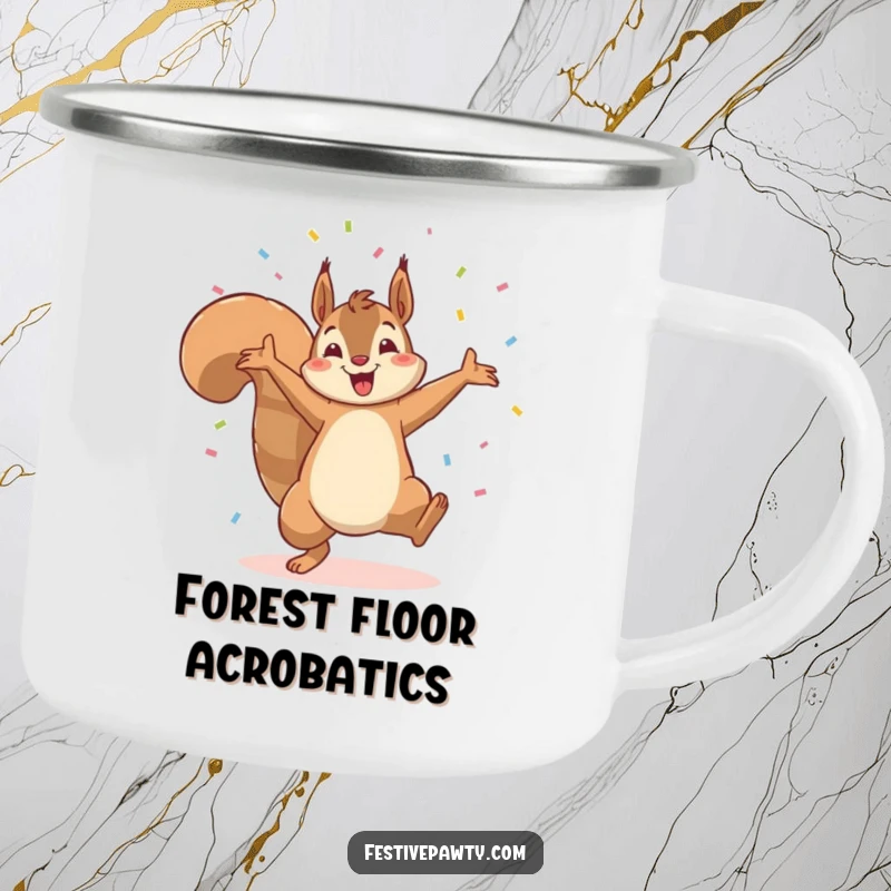 Funny camping mug with a squirrel doing a cartwheel amidst confetti, ideal for enjoying beverages during outdoor adventures with cheer.