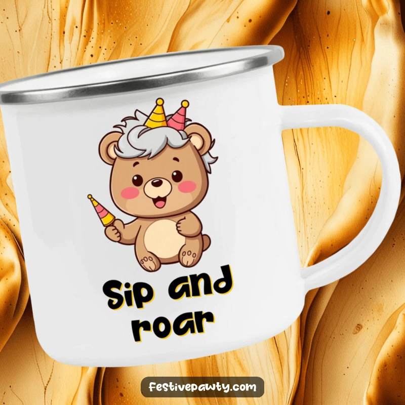 Funny camping mug with a bear character wearing a silly wig and blowing a party horn, perfect for outdoor merriment.