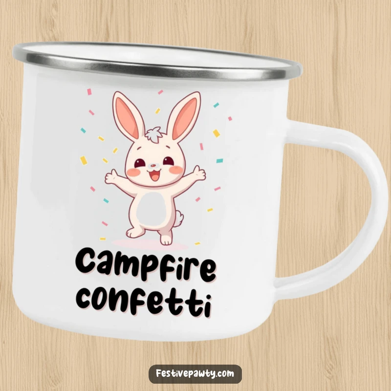 Funny Bunny Camp Mug: A sturdy enamel mug featuring a joyful bunny character dancing with colorful confetti raining down, perfect for outdoor enthusiasts.