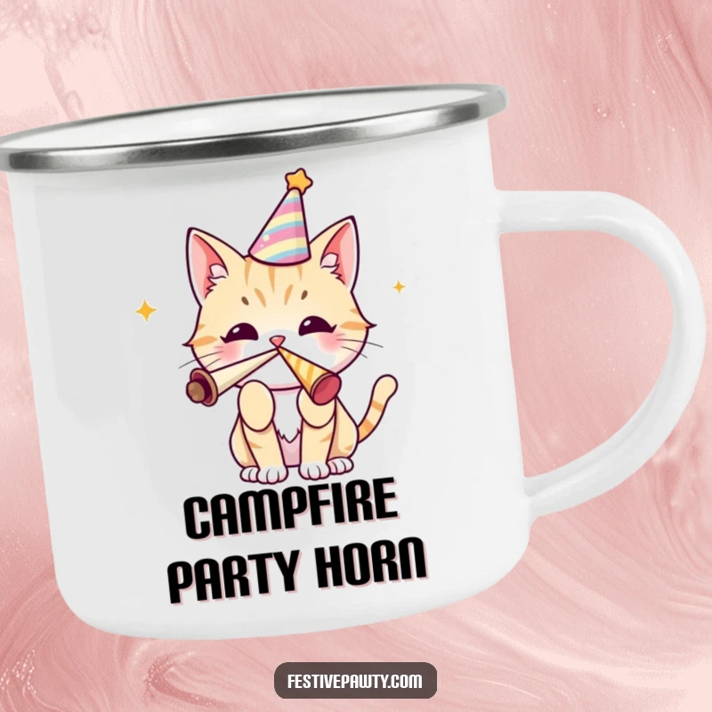 Funny cat camping mug with a cute character in a party hat blowing a party horn, ideal for outdoor celebrations.