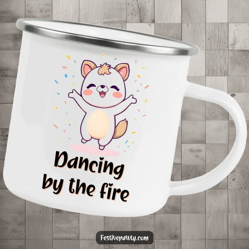Funny animal character camping mug in a dancing pose with confetti, ideal for outdoor festivities.