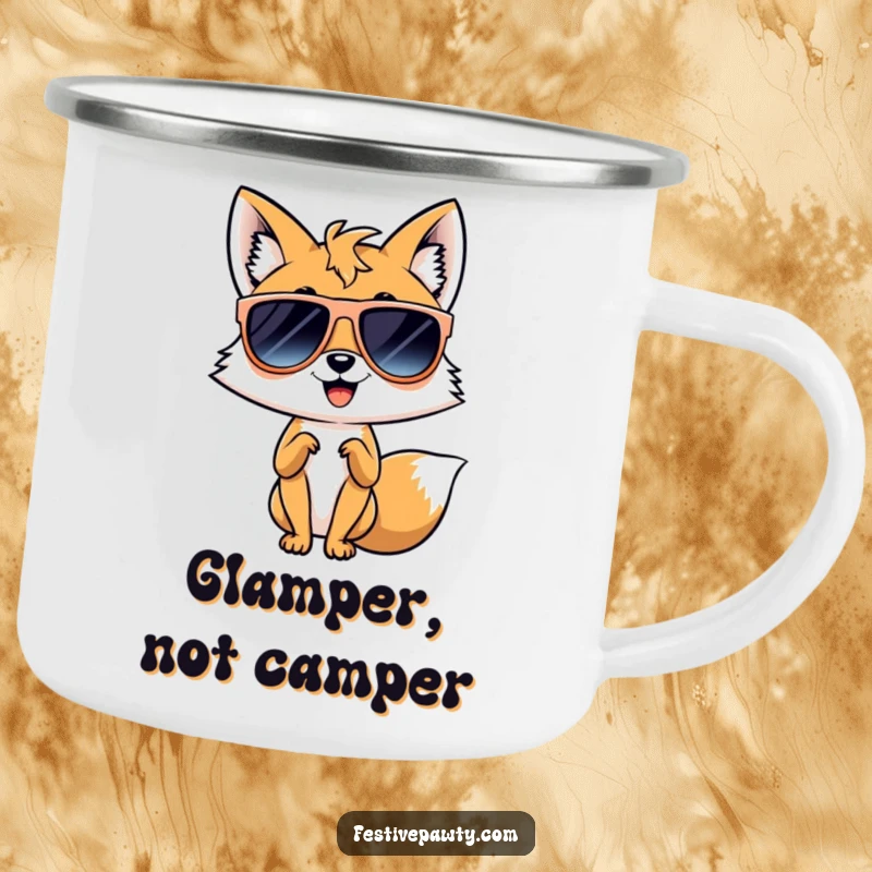 Funny camping mug featuring a giggling fox in oversized sunglasses striking a diva pose, blending outdoor readiness with chic style.