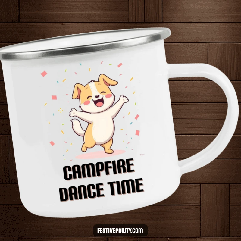 Funny joyful dog character happily dancing with its tail wagging furiously amongst colorful confetti on a sturdy camping mug. A humorous and festive outdoor item.