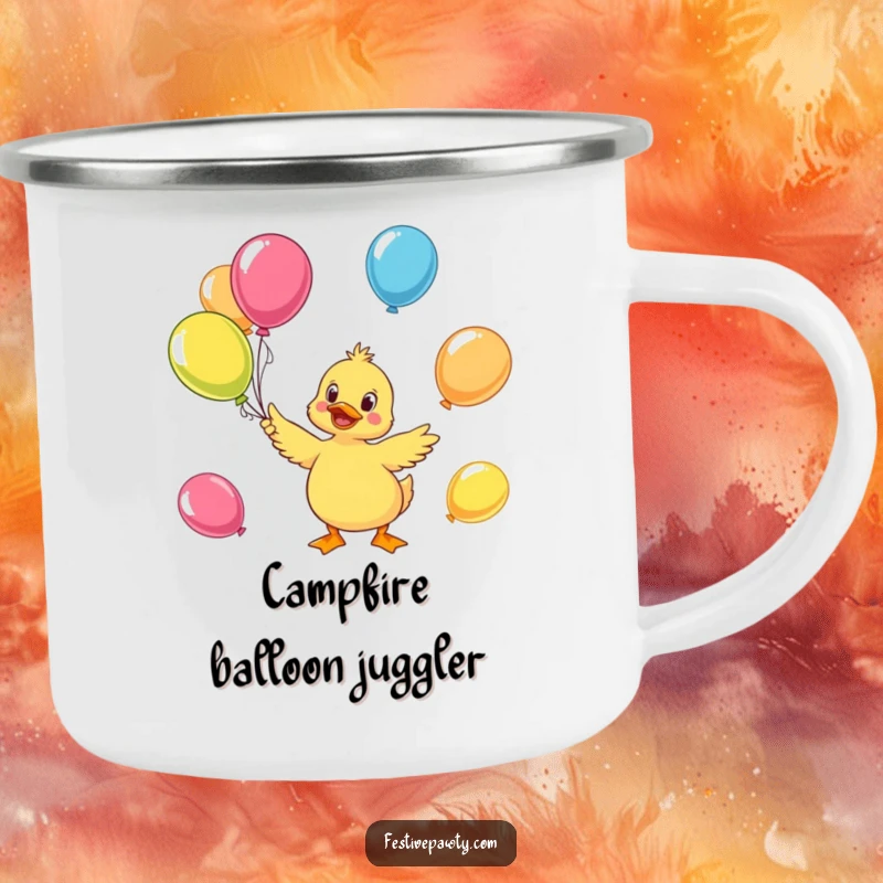 Funny duck camping mug with a character juggling colorful balloons, designed for cheerful outdoor enthusiasts.