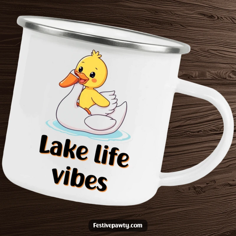 Funny Camping Mug: A joyful duck rides an inflatable swan, perfect for outdoor adventures and a splash of humorous summer delight.