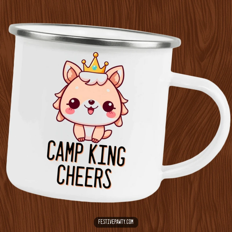 Funny festive animal camping mug, character wearing a sparkly crown, cheering with joy, perfect for celebratory outdoor drinks.