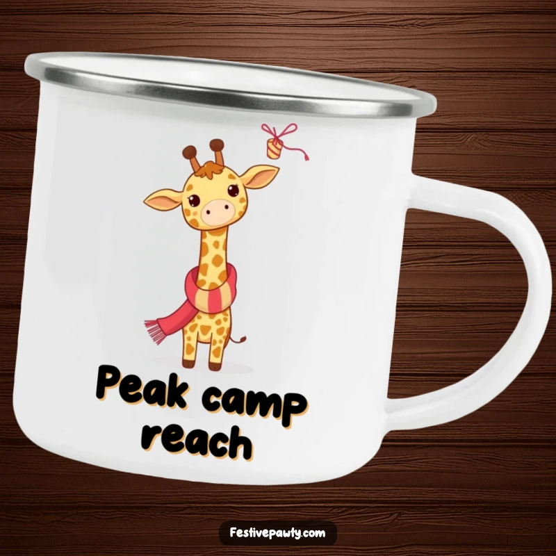 Funny Giraffe Camping Mug: A giraffe in a festive scarf reaches for a streamer, bringing festive humor to your camping trips.