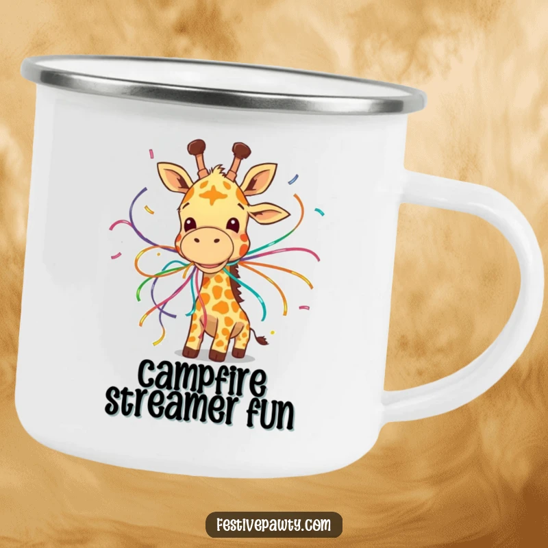 Funny camping mug featuring a giggling giraffe comically entangled in colorful streamers, perfect for outdoor festivities.