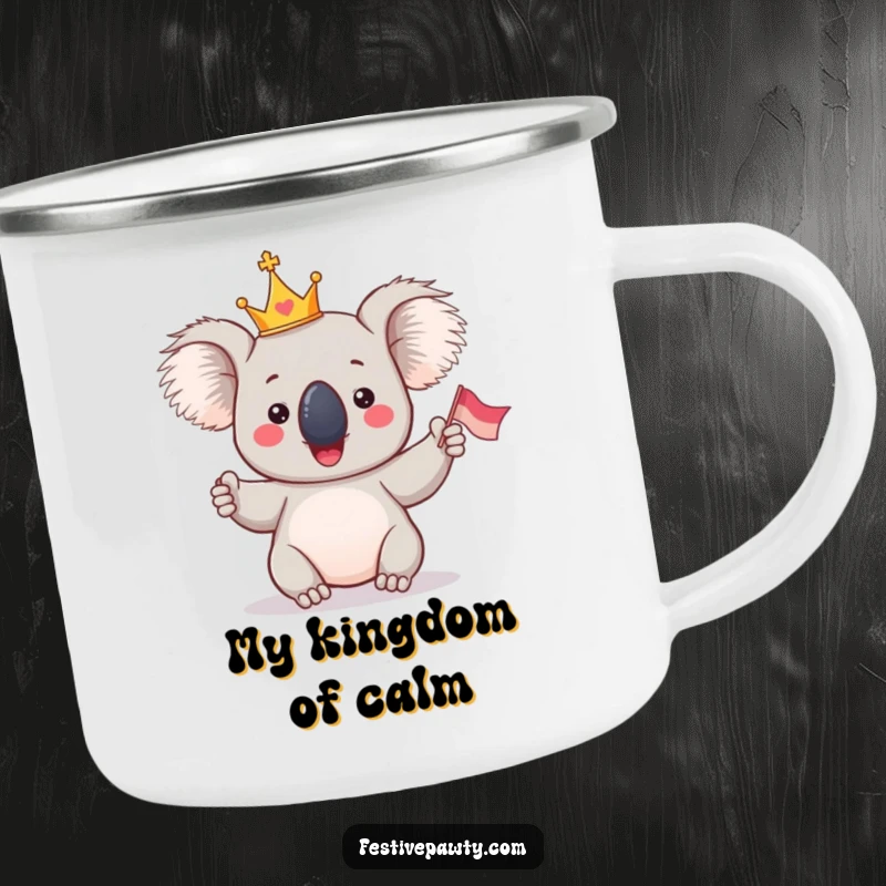 Funny Koala King Camping Mug: A giddy koala wearing a tiny crown, waving a flag, ready for royal outdoor excursions.
