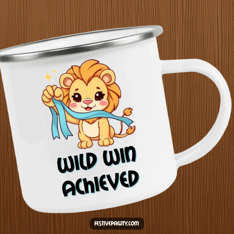 Funny Camping Mug: A triumphant lion character holds a sparkling ribbon, ready for outdoor adventures and celebrating wins.