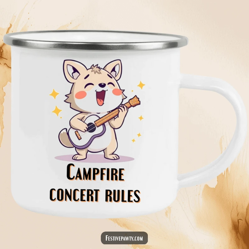 Funny camping mug with an energetic animal character playing a musical instrument loudly around a campfire, embracing music and adventure.