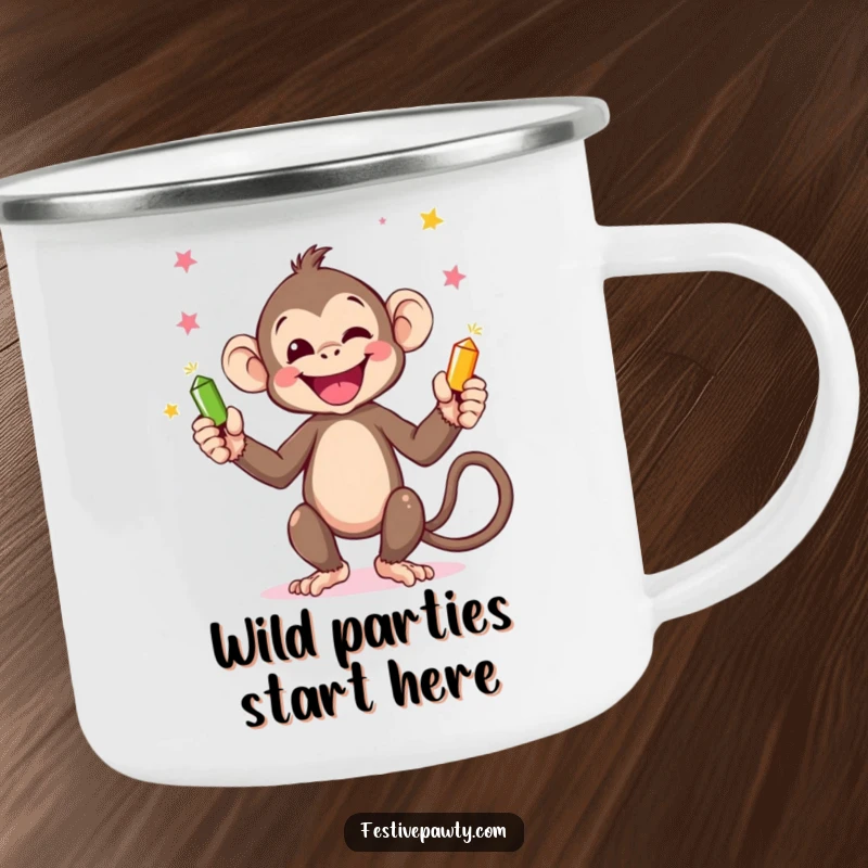 Funny Monkey Camping Mug: A cheerful monkey juggling party poppers with hands and tail, ready for outdoor fun and laughter.