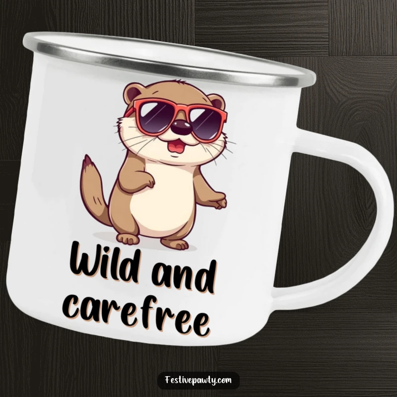 Funny camping mug with a playful otter in oversized sunglasses, doing a fun shimmy, ready for outdoor cool.
