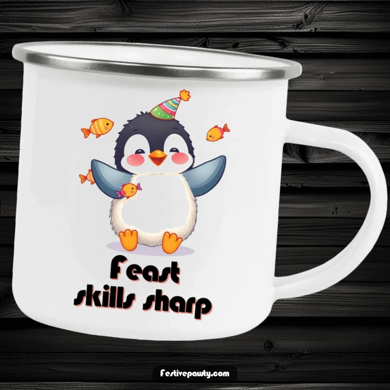 Funny penguin camping mug with a fluffy penguin juggling fish, great for outdoor celebrations.