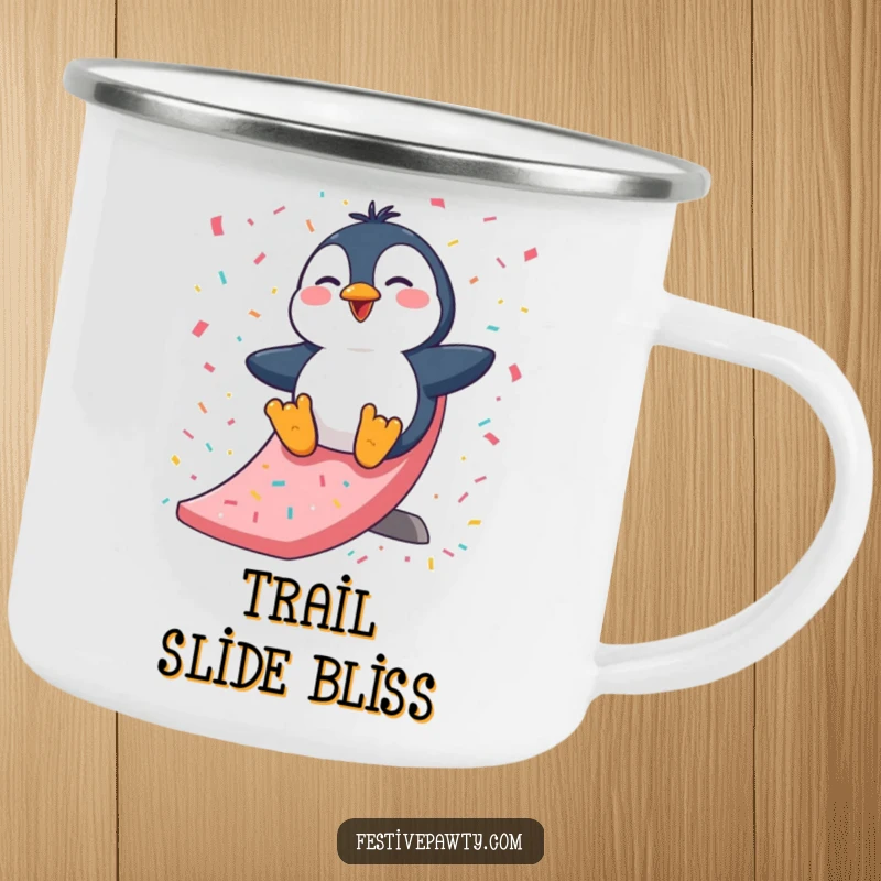 Funny Camping Mug: A giggling penguin character sliding down a confetti slide, ready for outdoor adventures and hearty laughs.