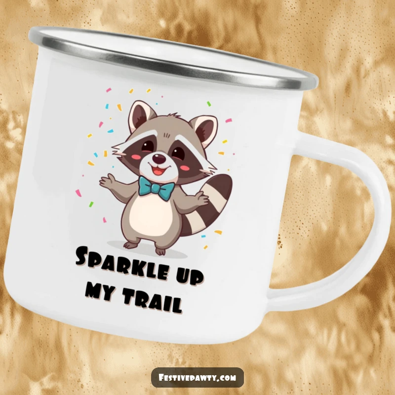 Funny camping mug featuring a happy raccoon in a bowtie, juggling confetti on an outdoor adventure, great gift.