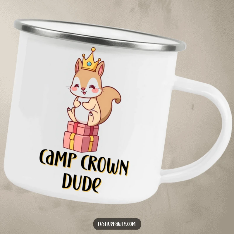Funny Squirrel King Camping Mug: A crowned squirrel sits atop gifts, bringing royal humor to your outdoor beverage.