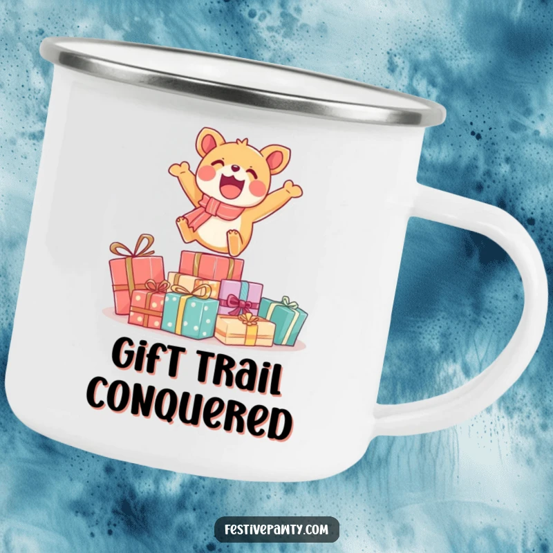 Funny camping mug showcasing an energetic animal mid-jump over wrapped presents, perfect for outdoor enthusiasts to enjoy beverages with humor.