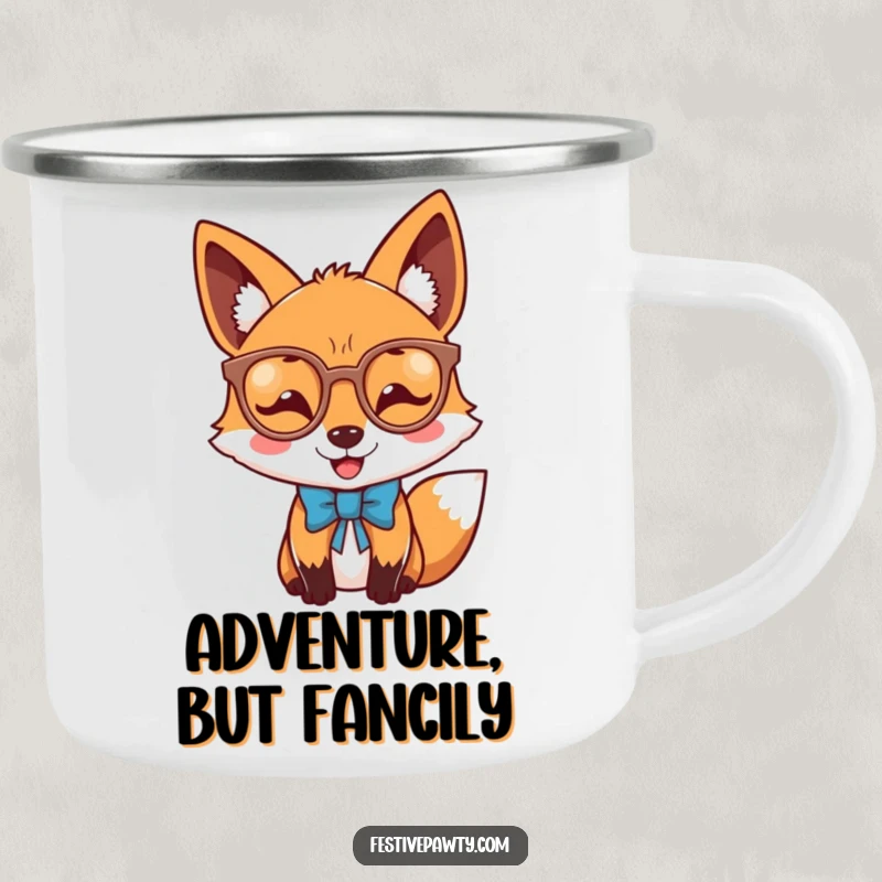 Funny joyful fox camping mug with a dapper fox wearing novelty glasses and a bow tie, perfect for outdoor enjoyment.