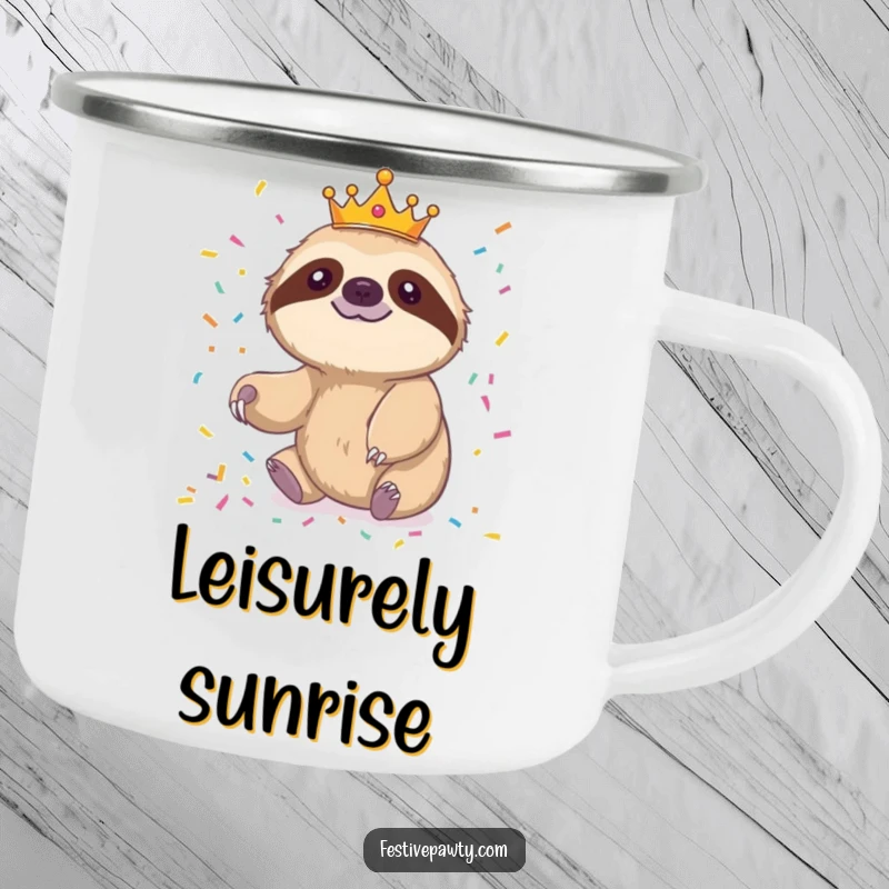 Funny sloth camping mug with a crowned sloth slowly reaching for confetti, great for outdoor relaxation.