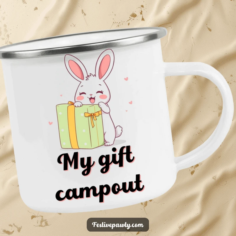 Funny Camping Mug: A happy rabbit character excitedly unwrapping a giant present, perfect for outdoor fun.