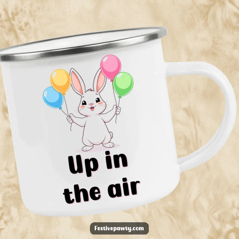 Funny Rabbit Camping Mug, a sturdy enamel cup with a cute rabbit character juggling colorful balloons with all four paws.