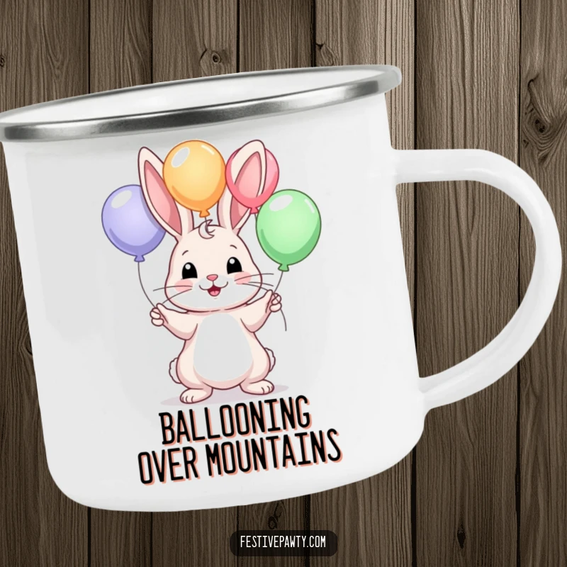 Funny camping mug showcasing a skilled rabbit juggling colorful balloons, ideal for outdoor enthusiasts who enjoy humor.