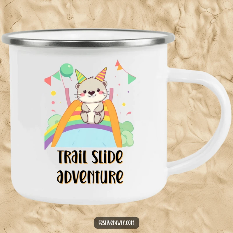 Funny Otter Camping Mug: A durable mug featuring a merry otter gleefully sliding down a vibrant rainbow, ready for outdoor fun.