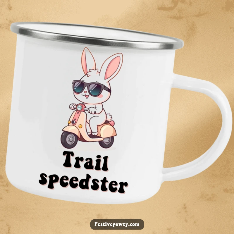 Funny Camping Mug featuring a cheerful bunny in sunglasses, happily riding a tiny scooter, built for adventure and radiating cool vibes.