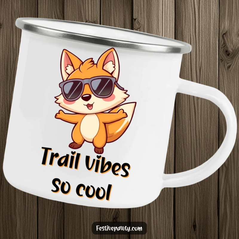 Funny camping mug with a playful fox character wearing huge sunglasses and grooving, perfect for enjoying nature's soundtrack.