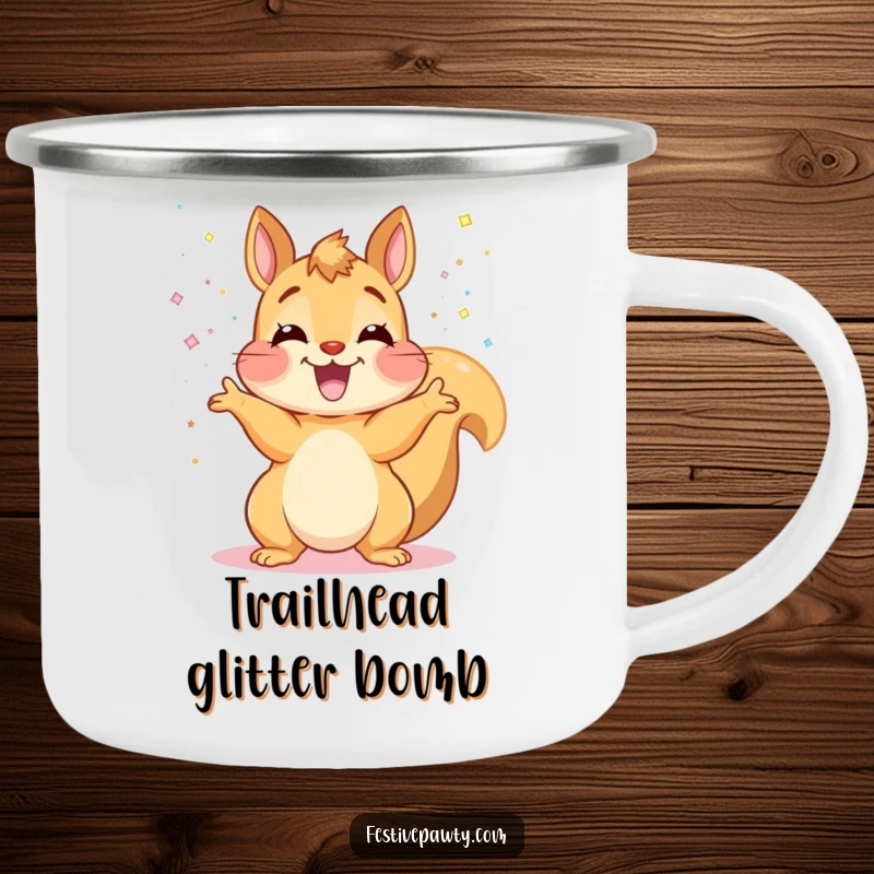 Funny Squirrel Camping Mug: A durable mug featuring an ecstatic squirrel gleefully tossing glitter, ready for outdoor fun.