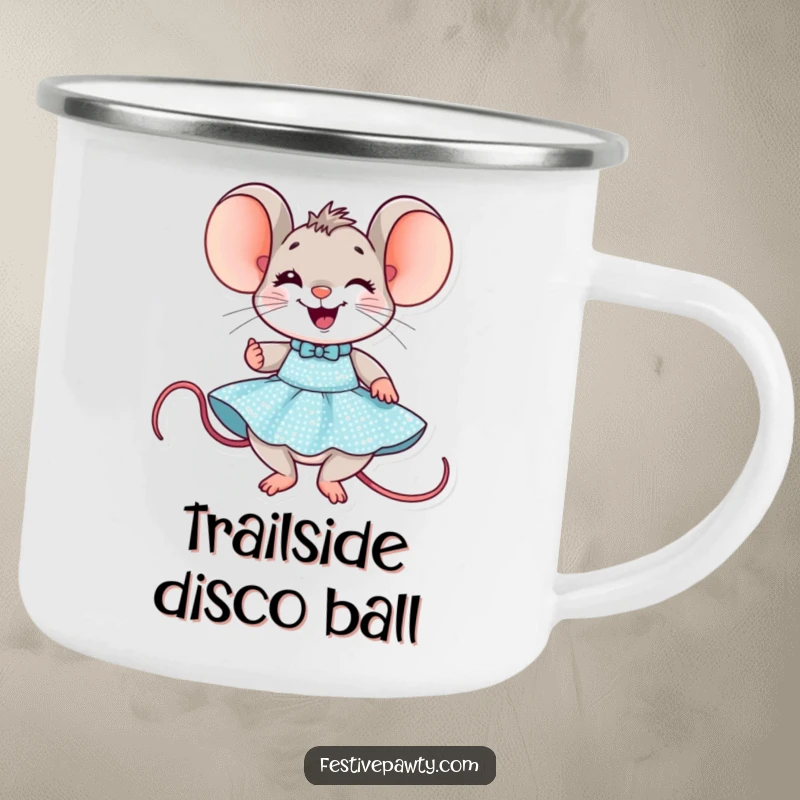 Funny Mouse Party Camping Mug: A delighted mouse grins while trying on a sequined party dress, perfect for outdoor revelry.