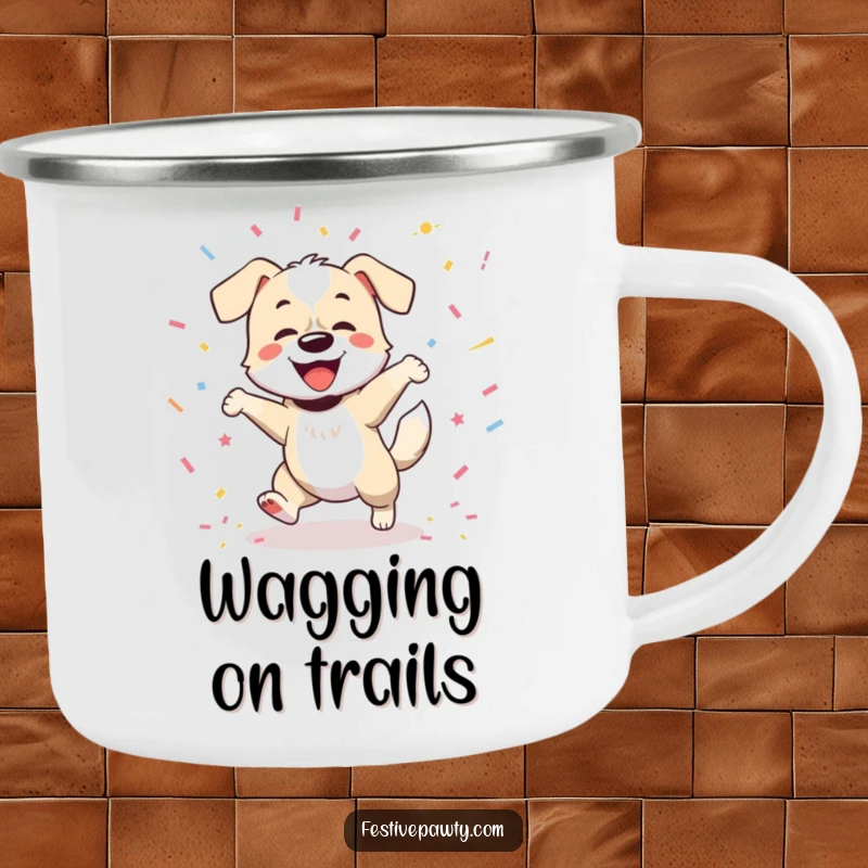 Funny camping mug with a joyful dog dancing, tail wagging furiously among confetti accents, perfect for outdoor enthusiasts.