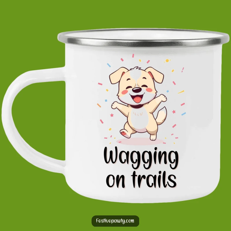 Funny Dog Camping Mug: Joyful Dancer by the Fire with Confetti