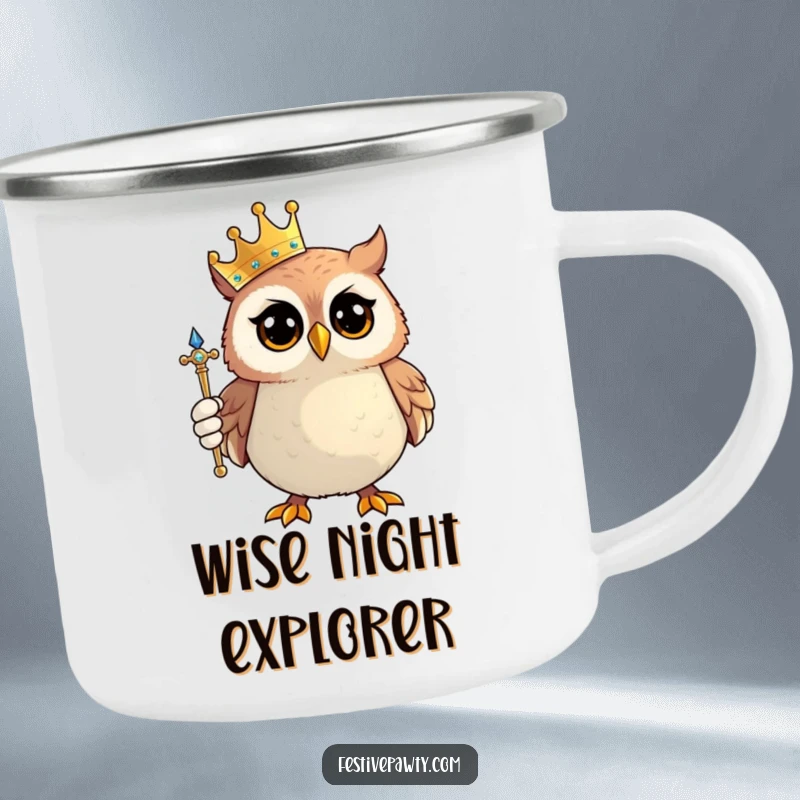 Funny Owl King Camping Mug: A proud owl wearing a tiny crown and holding a sparkling scepter, perfect for rugged exploration.