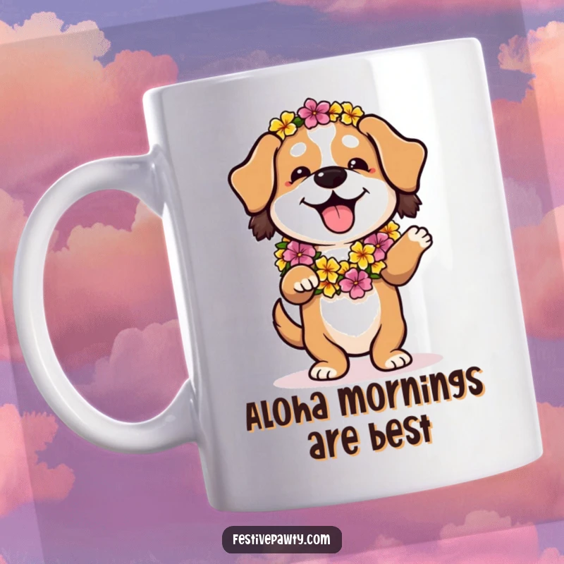 Funny mug featuring a happy dog wearing a flower lei, gracefully doing a hula dance, great gift.