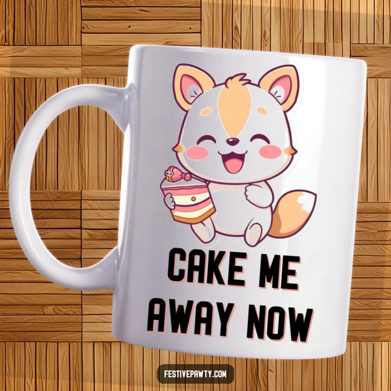 Funny animal character mug enthusiastically holding a big slice of delicious cake, radiating pure joy and dessert cravings.