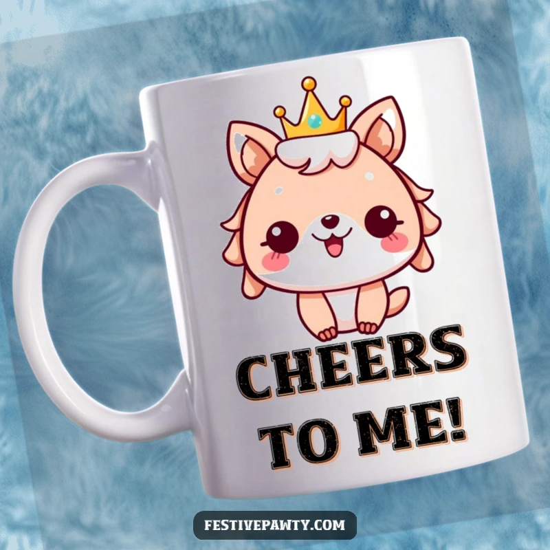 Funny festive animal character wearing a sparkly crown, cheering enthusiastically, embodying pure celebration and joy.