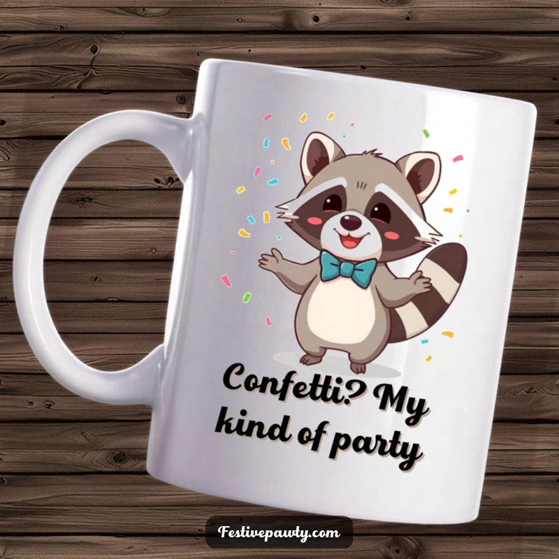 Funny mug featuring a happy raccoon in a bowtie, joyfully juggling colorful confetti, perfect for a whimsical gift.