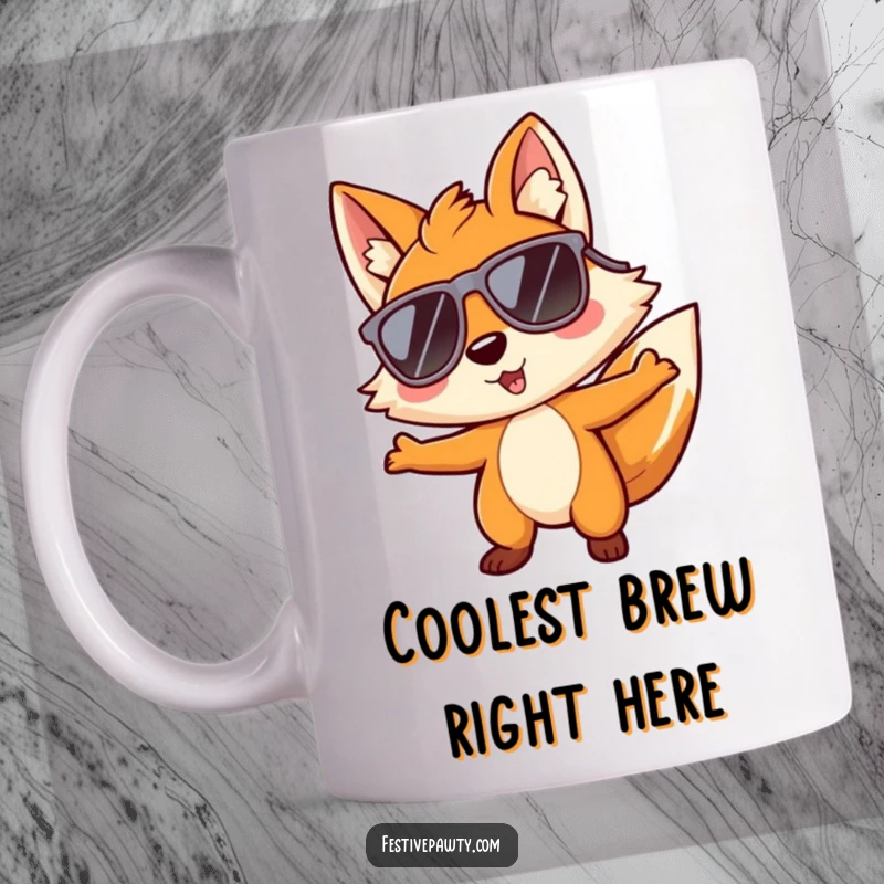 Funny mug displaying a playful fox character grooving enthusiastically while wearing extremely large sunglasses.