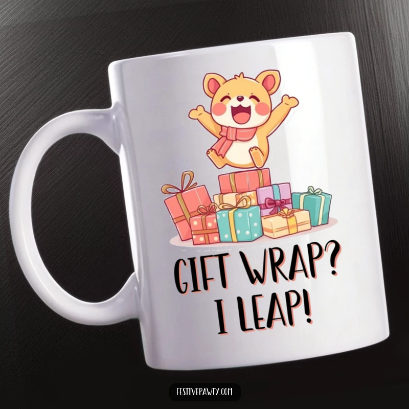 Funny mug with an energetic cartoon animal joyfully jumping over a stack of colorful gift boxes, expressing pure excitement and celebration.