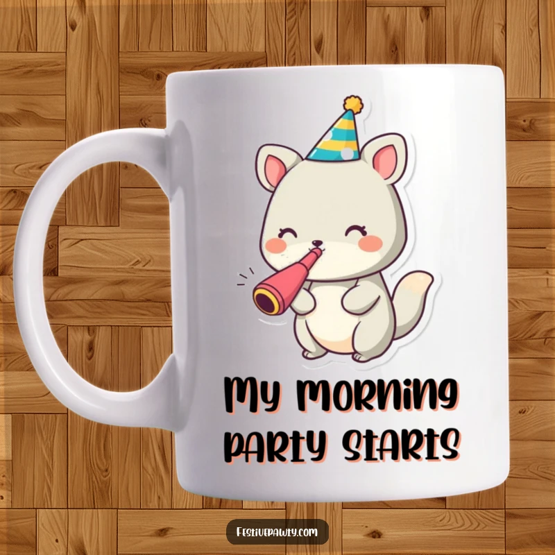 Funny animal character mug wearing a colorful party hat and blowing a noisemaker with excitement.