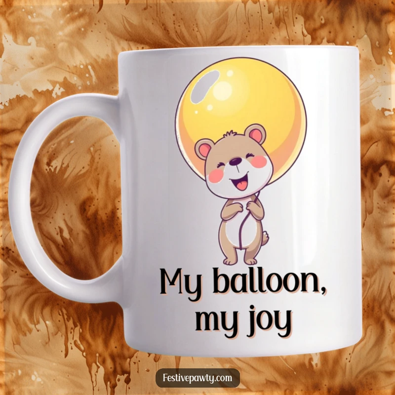 Funny animal character joyfully holding a gigantic, colorful balloon, symbolizing happiness and wonder.